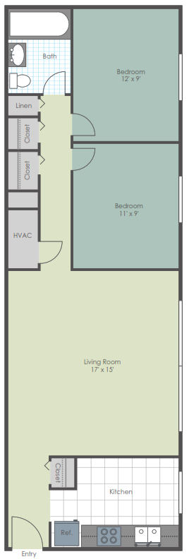 Floor plan for 2 beds, 1 bath, 752 sqft